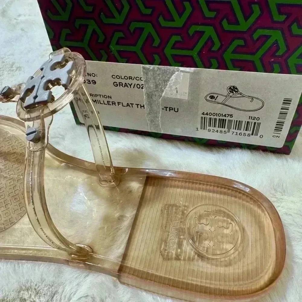 Tory Burch Mini Miller Jelly Thong Sandal Gray Size 6 like new with box
